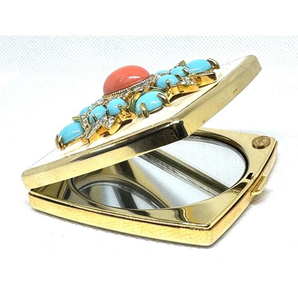 NIB VINTAGE! KENNETH LANE CORAL TURQUOISE RHINESTONE COMPACT MIRROR VANITY RARE - Picture 4 of 7